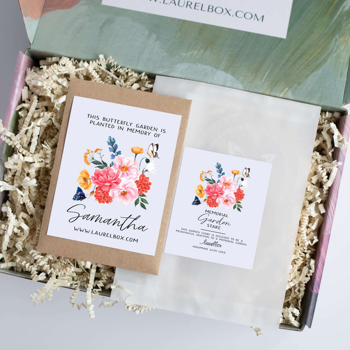 Morningside Resident Sympathy Gift in a gift box with floral card and memorial stake, filled with crinkle paper.