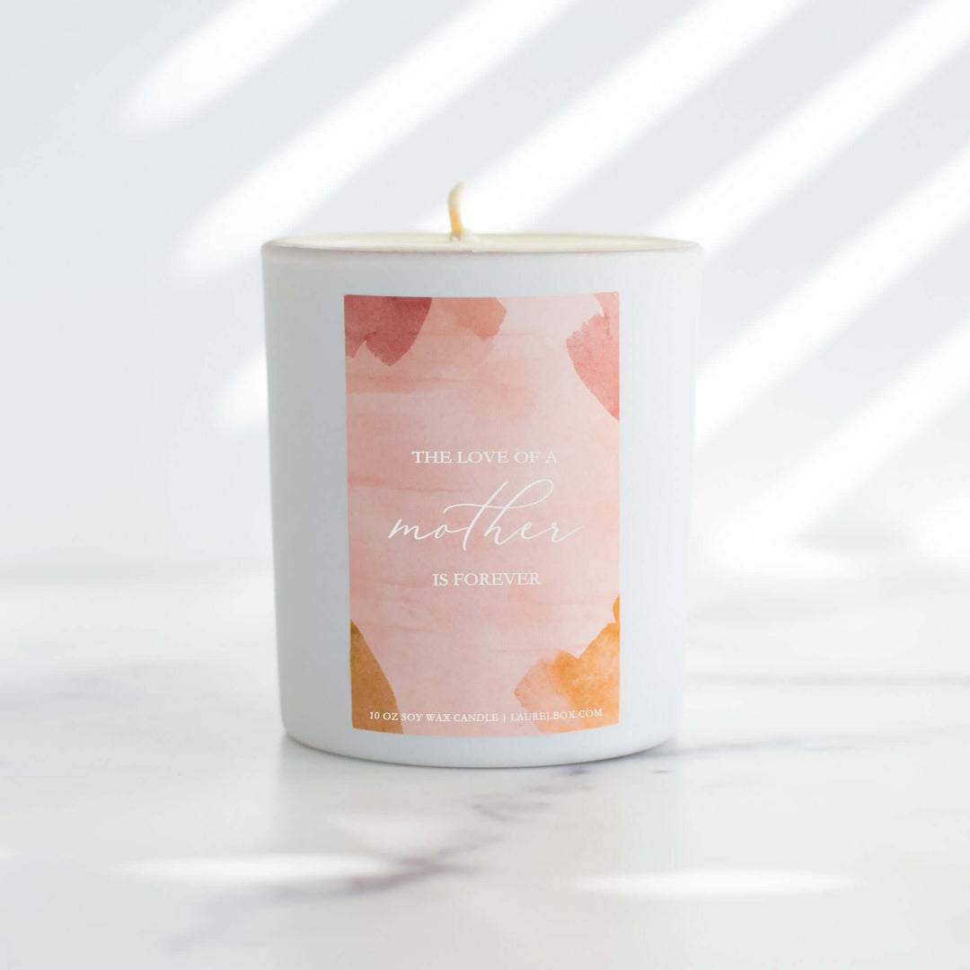 In Memory of Mom Gift Box candle in white ceramic with pink label reading &
