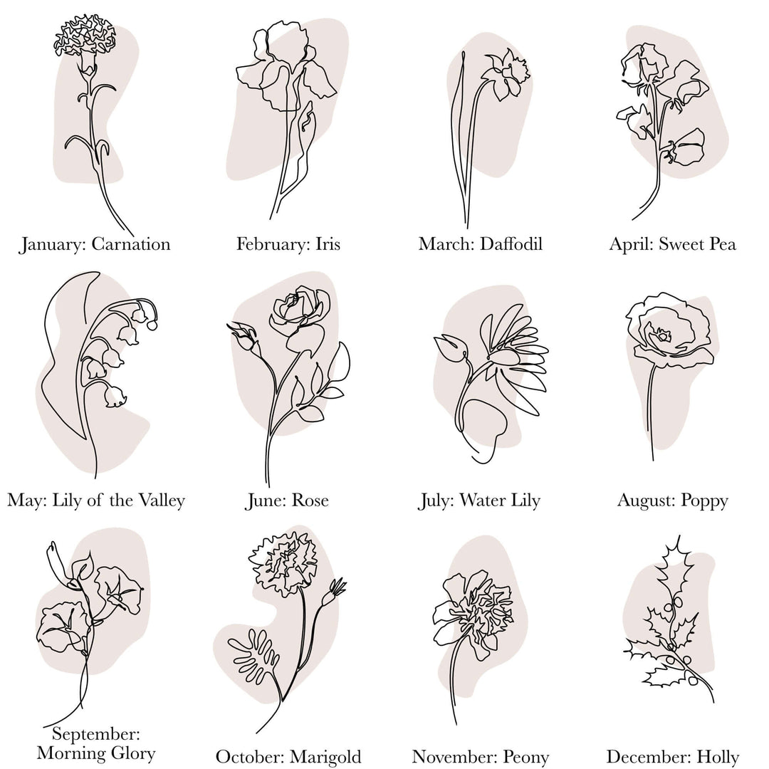 Custom Birth Flower Memorial Candle design featuring twelve birth flowers, labeled by month in simple line art.
