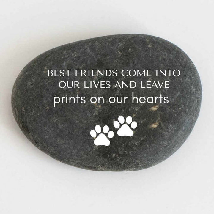 Pet Memorial Garden Stone, dark river stone, engraved text "Best Friends Come Into Our Lives" with paw prints.