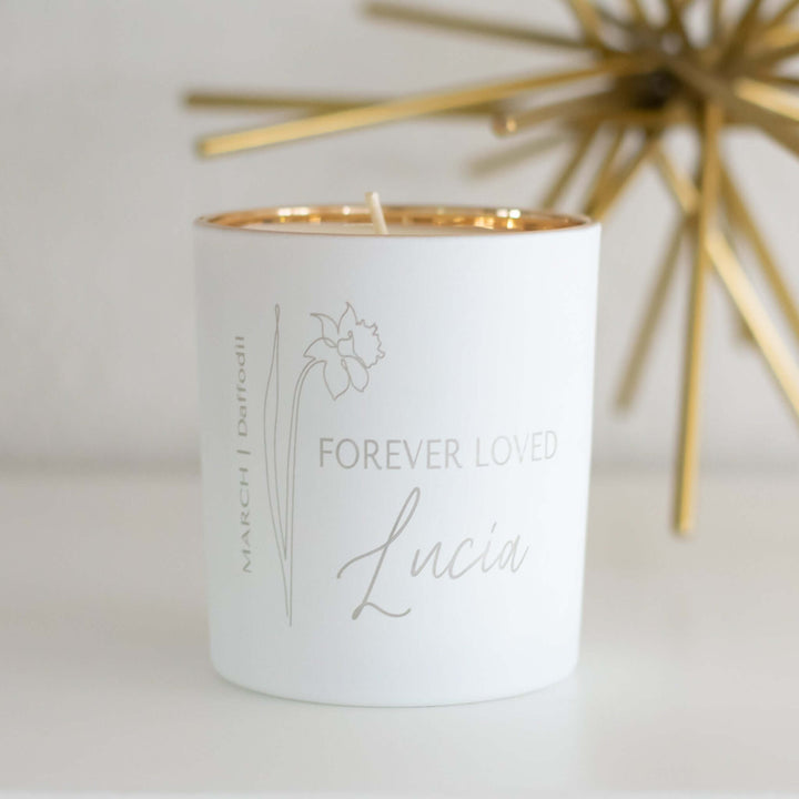 Custom Birth Flower Memorial Candle in white ceramic with gold trim, engraved with &