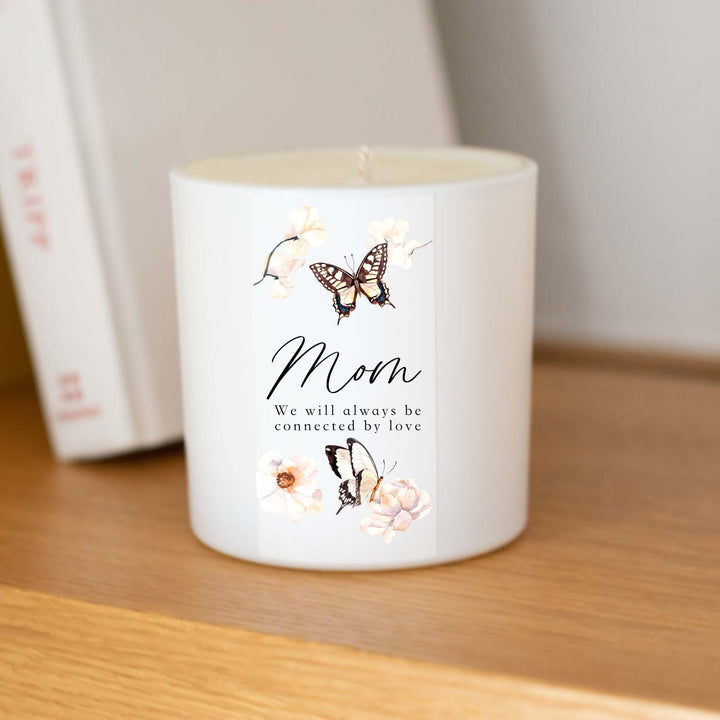 Custom Butterfly or Dragonfly Candle in white glass with floral design, labeled &