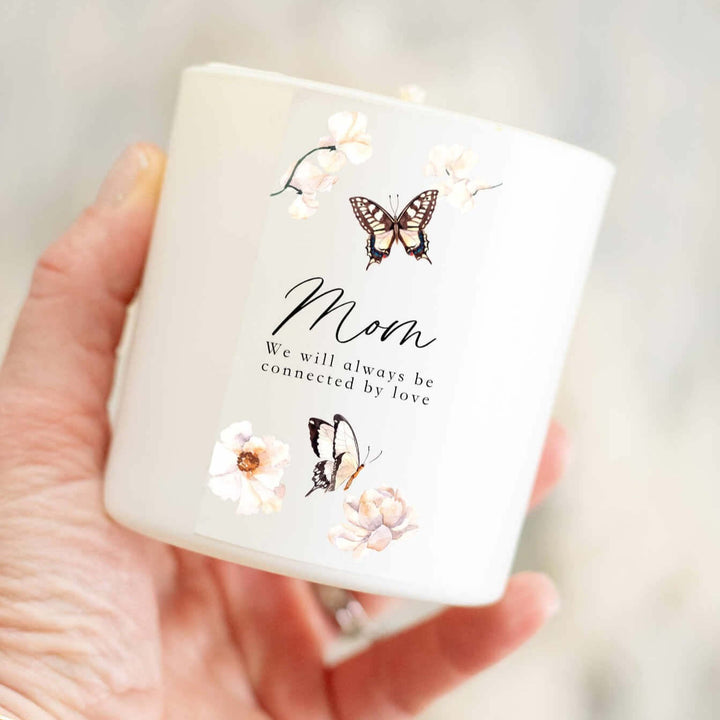 Custom Butterfly or Dragonfly Candle in white ceramic, featuring floral designs and text for &