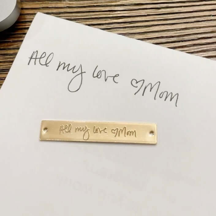 Custom Engraved Handwriting Necklace charm in polished gold with handwritten text &