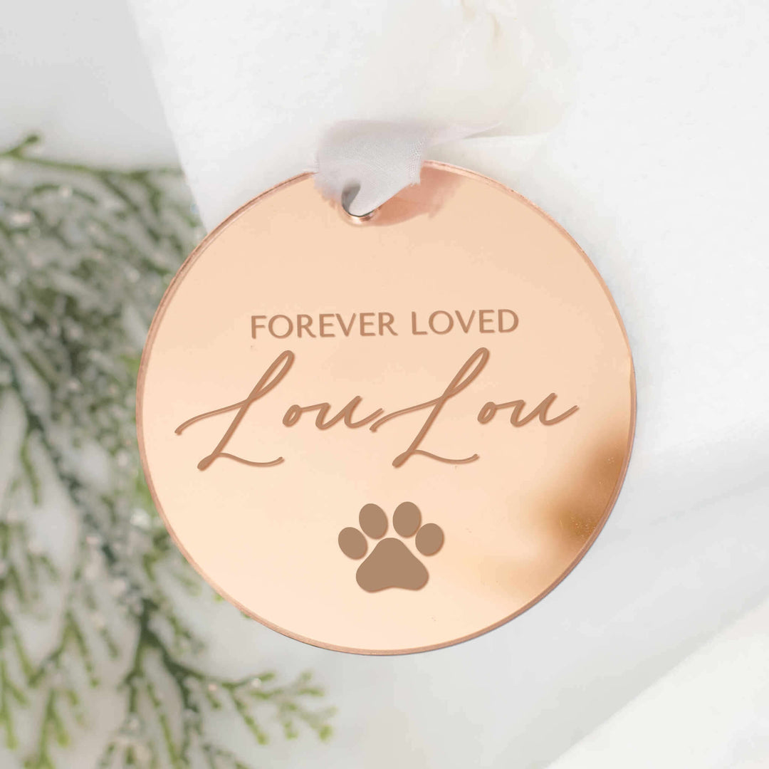 Custom Dog or Cat Memorial Ornament made of rose gold acrylic, round shape with engraved text &