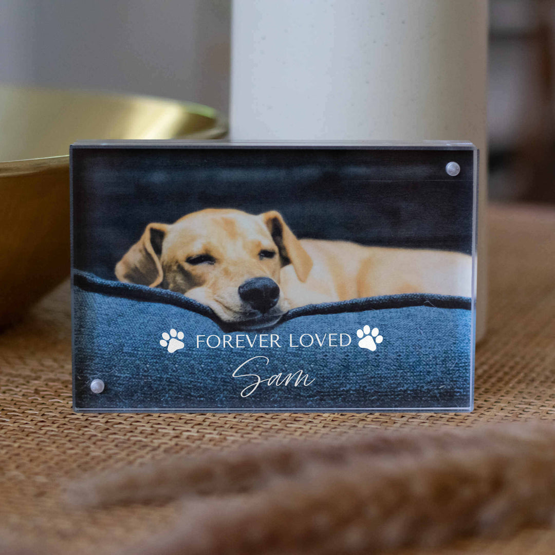 Pet Memorial Custom Photo Frame featuring a sleeping dog, engraved text &