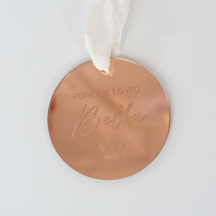 Custom Dog or Cat Memorial Ornament made of rose gold acrylic, round with engraved name &
