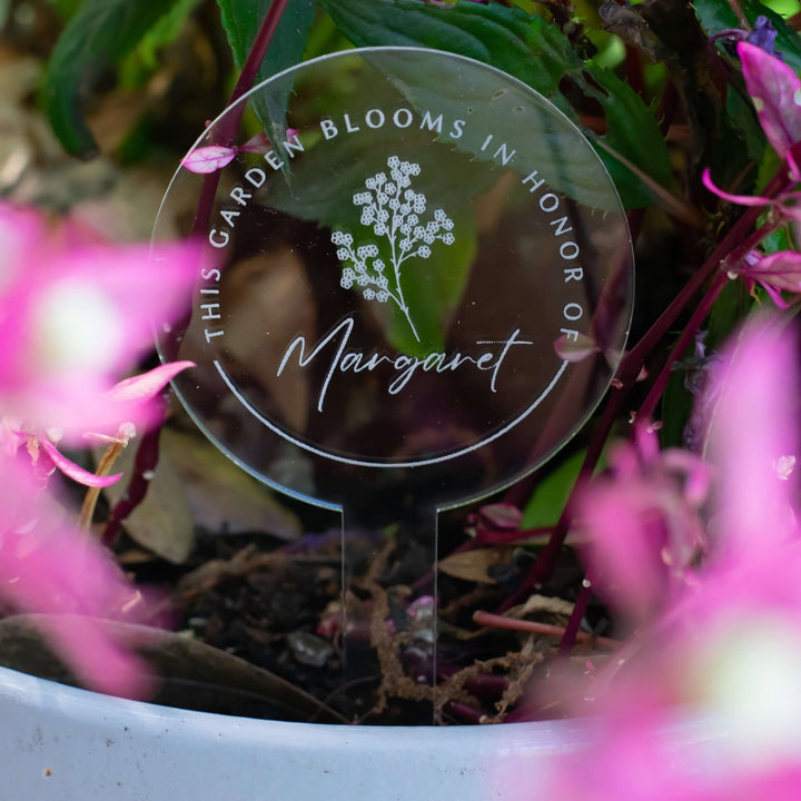 Custom Memorial Garden Stake made of clear acrylic, engraved with &