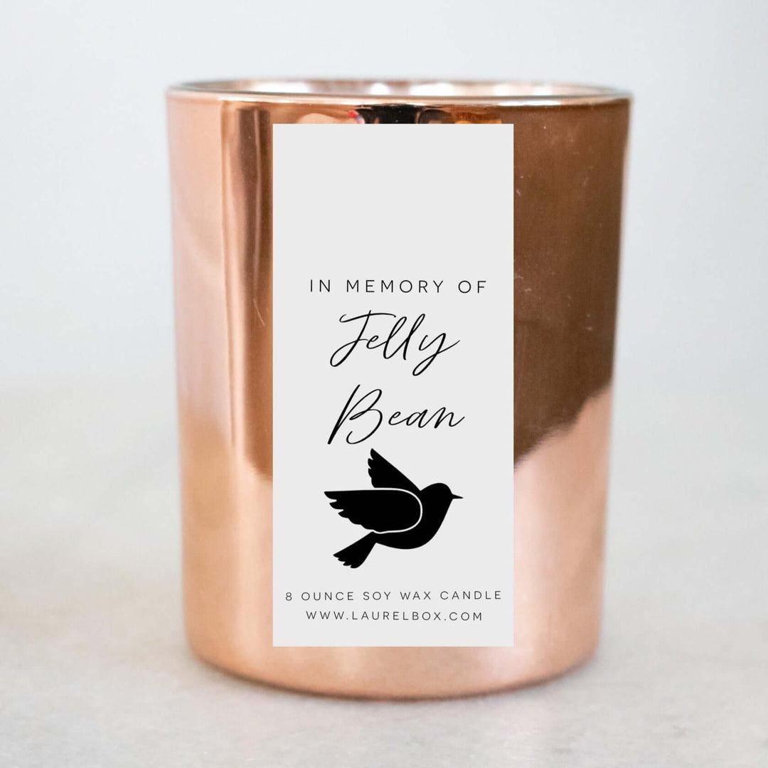 Custom Pet Memorial Candle with a copper exterior, featuring a label that reads &