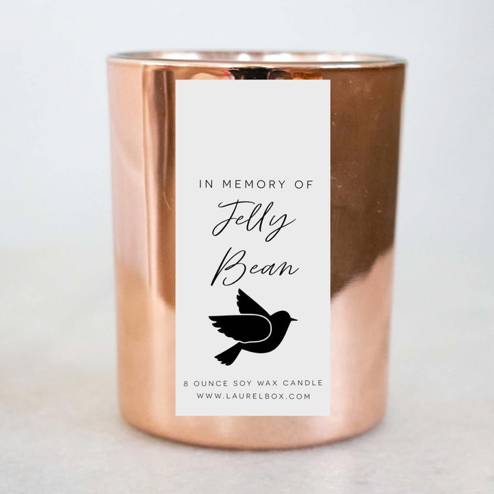 Custom Pet Memorial Candle with a copper exterior, featuring a label that reads &