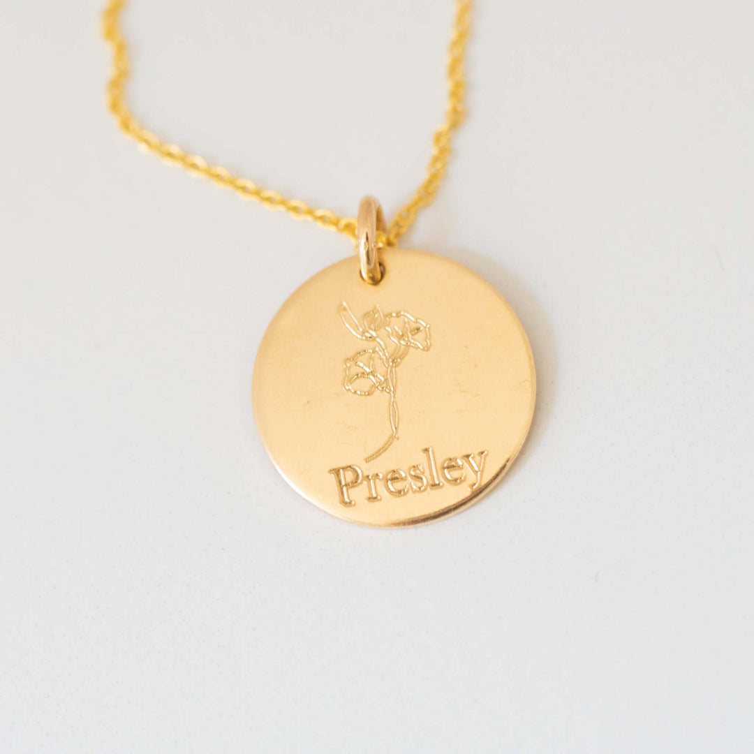 Gold filled birth flower necklace charm with engraving &