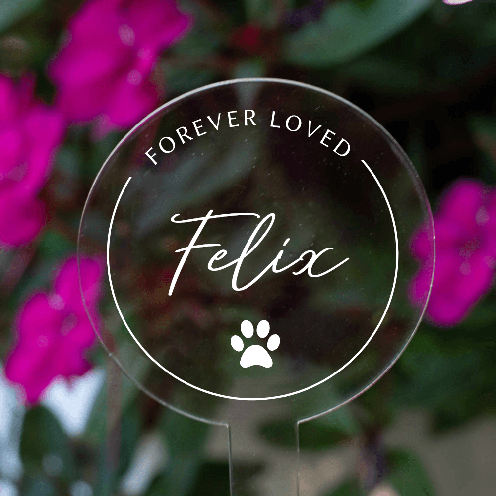 Pet Loss Garden Stake made of clear acrylic, circular shape with text 'FOREVER LOVED' and 'Felix' in elegant font, paw print design.