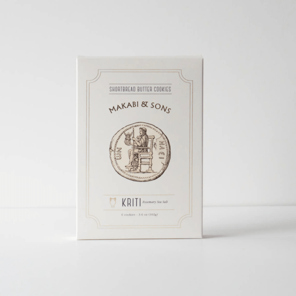 Shortbread Rosemary and Sea Salt Cookies box with illustrations, white with gold accents, showing 6 cookies, 3.6oz.