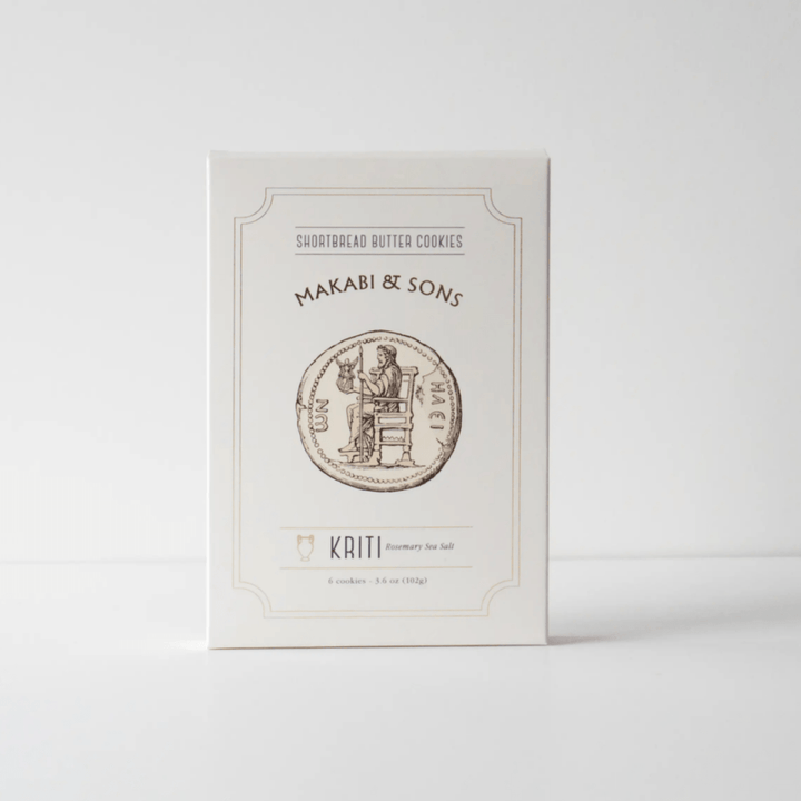Shortbread Rosemary and Sea Salt Cookies box with illustrations, white with gold accents, showing 6 cookies, 3.6oz.