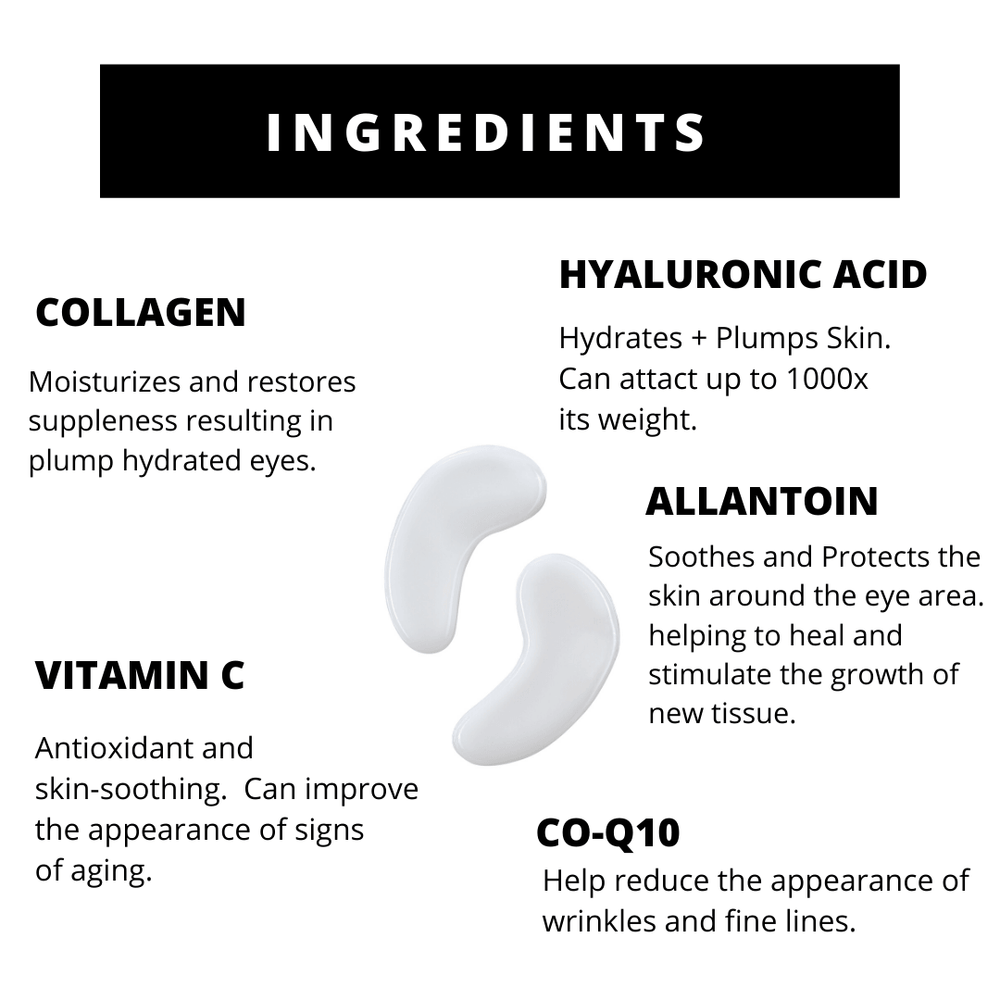 Soothing Under Eye Hydrogel Mask ingredients displayed in bold text. White hydrogel eye masks shown on a black background.